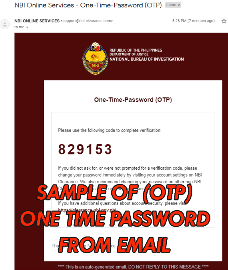 SAMPLE OF OTP ONE TIME PASSWORD FROM EMAIL nbi clearance online NBI CLEARANCE ONLINE APPLICATION FOR 2022 SAMPLE OF OTP ONE TIME PASSWORD FROM EMAIL