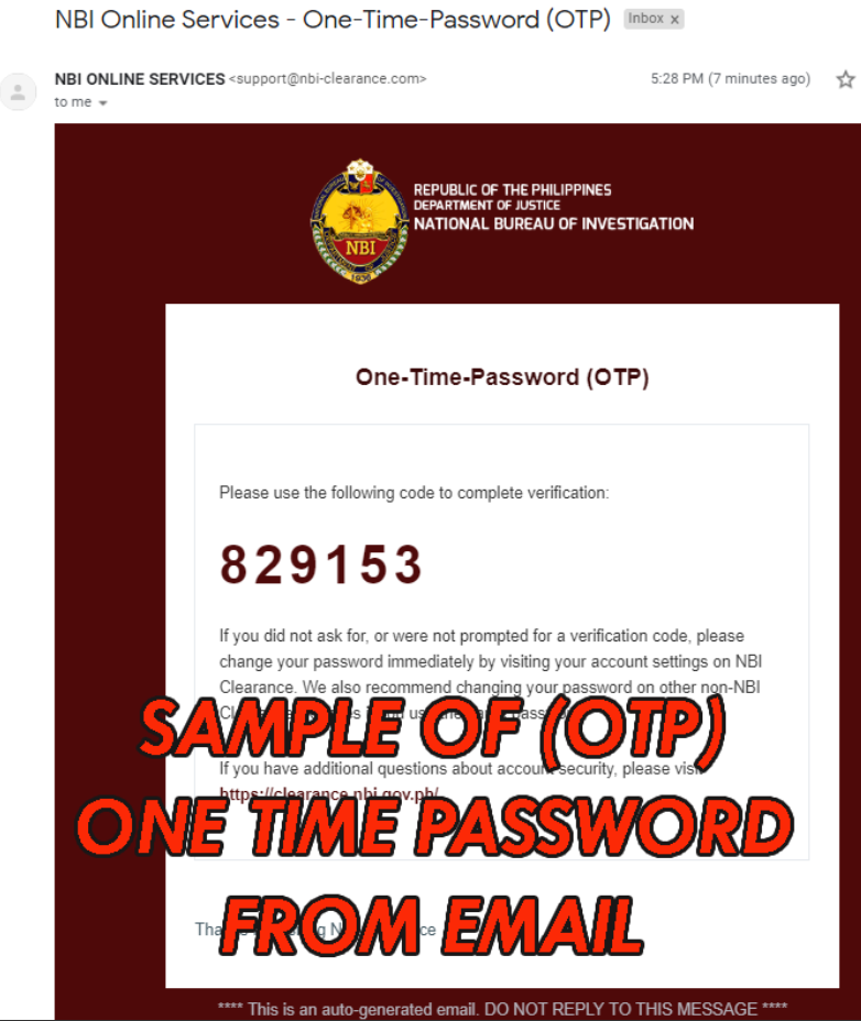 SAMPLE OF OTP ONE TIME PASSWORD FROM EMAIL