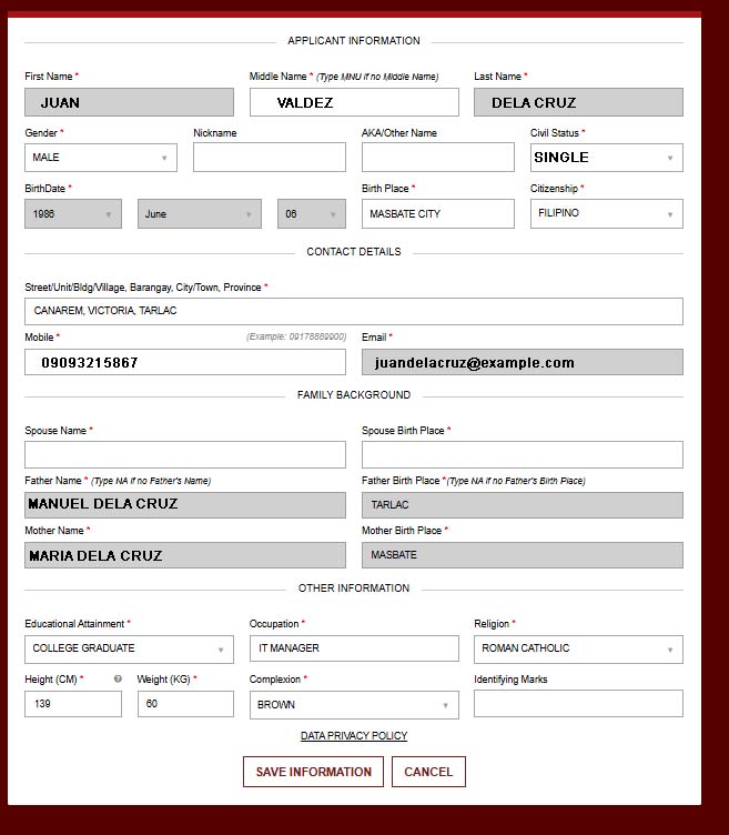 Application form showing text fields