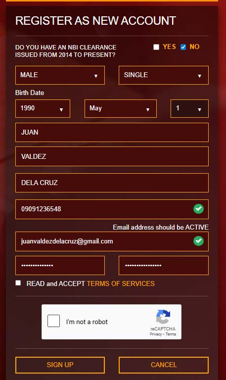 Registration form filled with sample details Registration form filled with sample details
