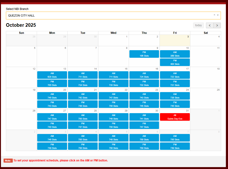 Calendar interface for NBI Clearance Rescheduling