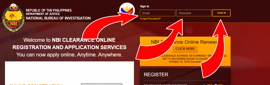 NBI Clearance reschedule Login page with fields