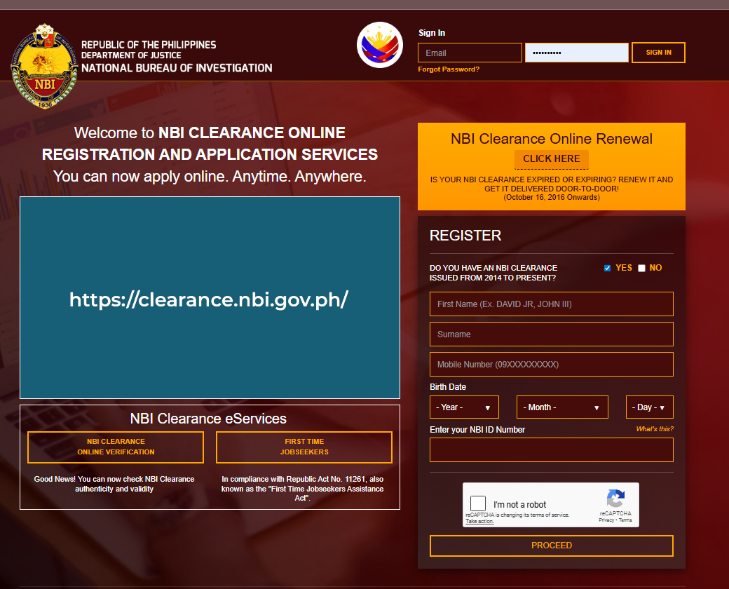 NBI Clearance website homepage sign in and register
