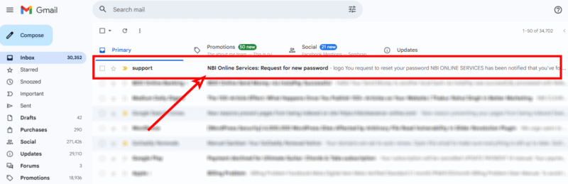 Your inbox shows to Reset Password