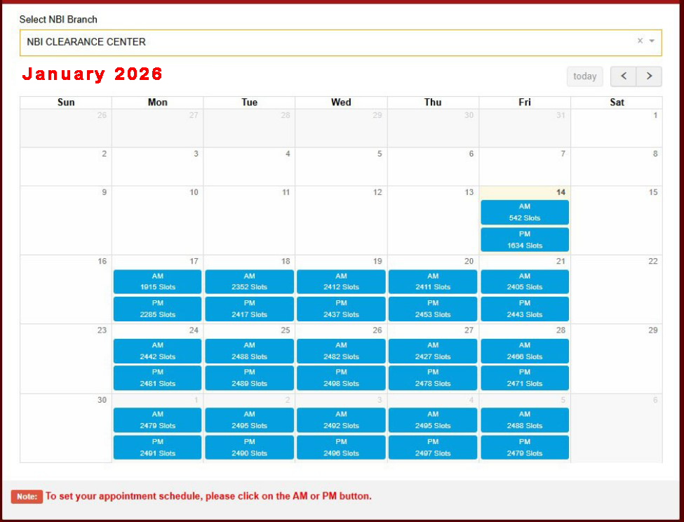 calendar interface showing available NBI appointment dates January 2026