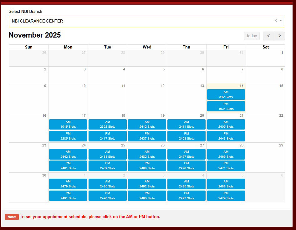 calendar interface showing available NBI appointment dates