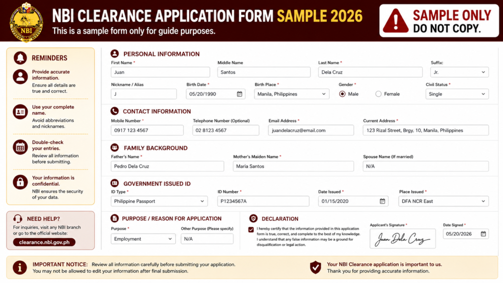 NBI Clearance application form sample 2026